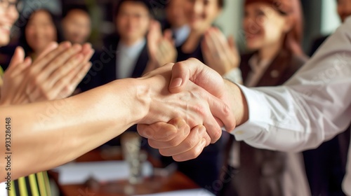 Two diverse professional business men executive leaders shaking hands at office meeting. The concept of friendly negotiations and comfortable corporate culture