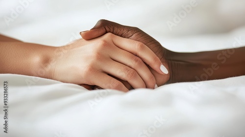 A close-up shot of two hands, one white and one Black, gently holding each other on white fabric, symbolizing love and unity.