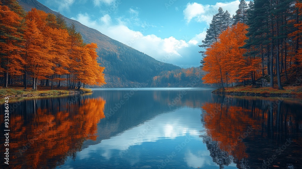 Scenic mountain lake reflecting autumn colors under a clear blue sky Scenic mountain lake reflecting autumn colors under a clear blue sky