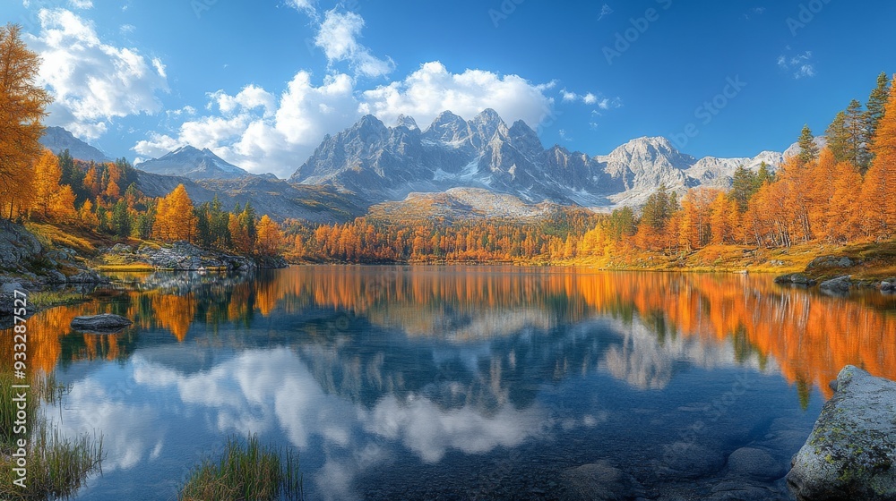 Obraz premium Autumn reflections in a tranquil mountain lake surrounded by colorful foliage