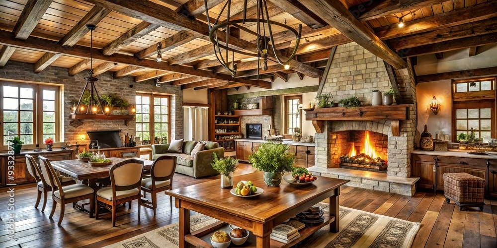 Rich wood tones and exposed beams form a cozy haven, complemented by a crackling fireplace and the warm glow of a country kitchen's rustic appeal. Rich wood tones and exposed beams form a cozy haven, complemented by a crackling fireplace and the warm glow of a country kitchen's rustic appeal.