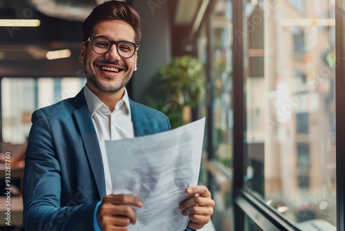 Happy young businessman in office, glasses on, holding a paper document, smiling confidently.