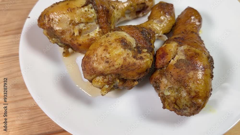 Baked chicken drumsticks on dish on rustic table, close-up Baked chicken drumsticks on dish on rustic table, close-up
