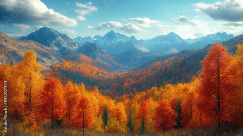 Vibrant autumn colors in a scenic mountain range under a clear sky