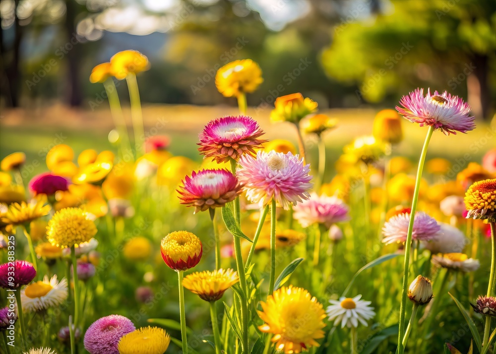 Obraz premium Vibrant strawflower field in Australian countryside blooms with pink and yellow daisies on lush green grass, set against blurred background of sunlit trees.