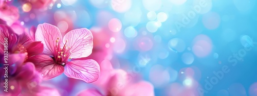  A pink flower, tightly framed against a blue and pink backdrop Background features softly blurred bokeh of light