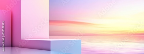  A pink-blue backdrop with a white block in foreground and large water expanse in background