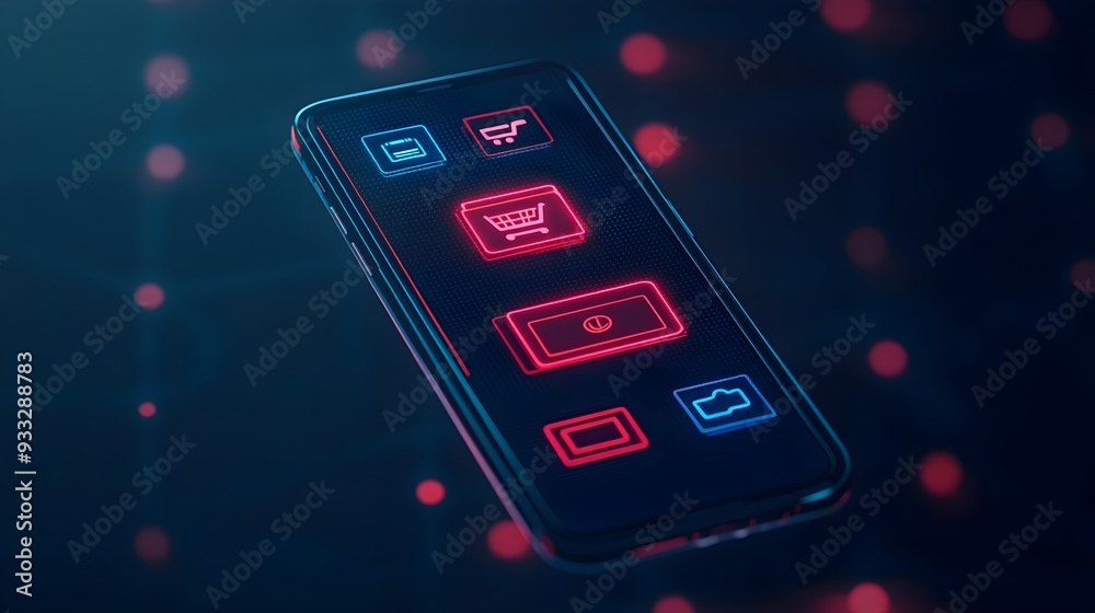 Obraz premium Mobile Phone with Neon Shopping Cart Icons, Online Shopping Concept