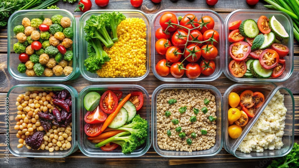 Health-conscious meal prep with neatly arranged containers of vegetables and grains. Health-conscious meal prep with neatly arranged containers of vegetables and grains.