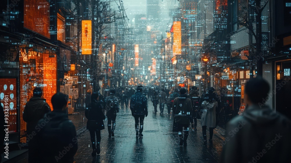 Obraz premium crowded city street with ar overlay showing facial recognition data futuristic interface big data visualization privacy concept