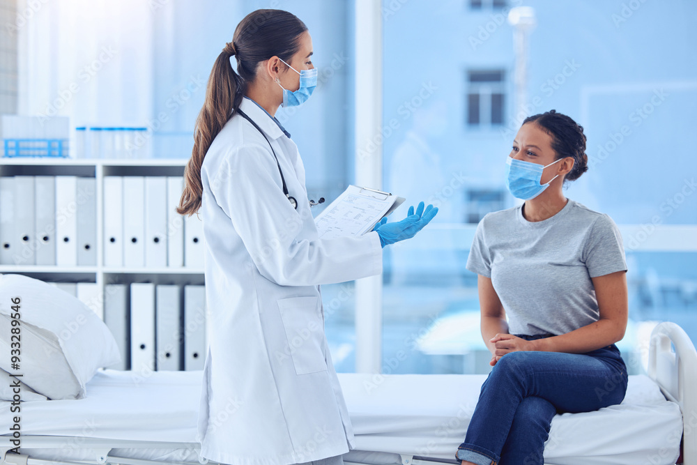 Obraz premium Healthcare, woman and doctor with clipboard in consultation, hospital or clinic checkup. Face mask, document and patient with medical professional for pandemic protection for covid compliance or care