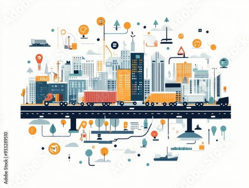 Logistics and Digital Mapping of Transport Routes Flat Design Showcasing Business Technology and Data Visualization for Efficient Supply Chain Management Delivery and Infrastructure Planning