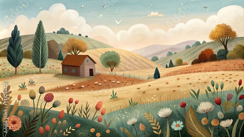 Peaceful countryside with fields and fluffy clouds.