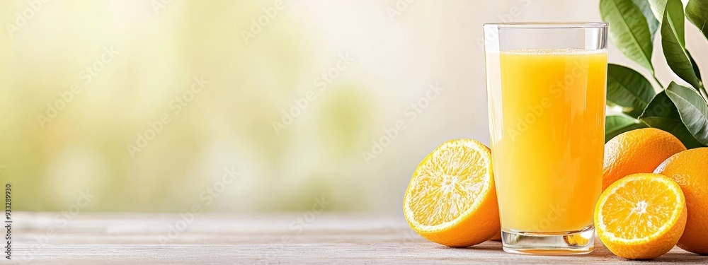 A glass of orange juice on a table, surrounded by oranges and a green plant in the background A glass of orange juice on a table, surrounded by oranges and a green plant in the background