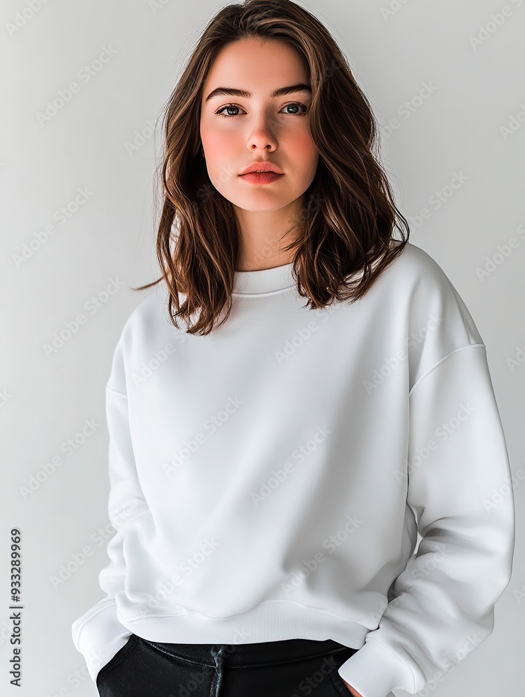 Girl dressed in white mock up blank sweatshirt on studio background. Clothing template for branding Girl dressed in white mock up blank sweatshirt on studio background. Clothing template for branding
