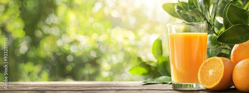  A glass of orange juice and oranges on a table against a backdrop of lush greenery