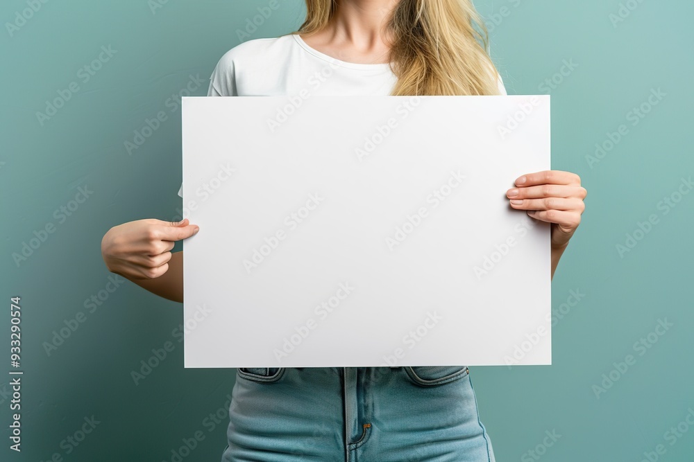 Young man with white blank signboard
