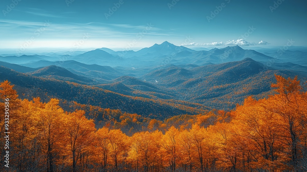 Scenic view of a vibrant autumn mountain range with golden foliage in a clear blue sky Scenic view of a vibrant autumn mountain range with golden foliage in a clear blue sky