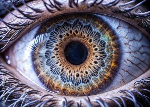 Vibrant eye iris with intricate patterns and mesmerizing details revealed in stunning macro photography on a pitch-black background, showcasing nature's breathtaking complexity.