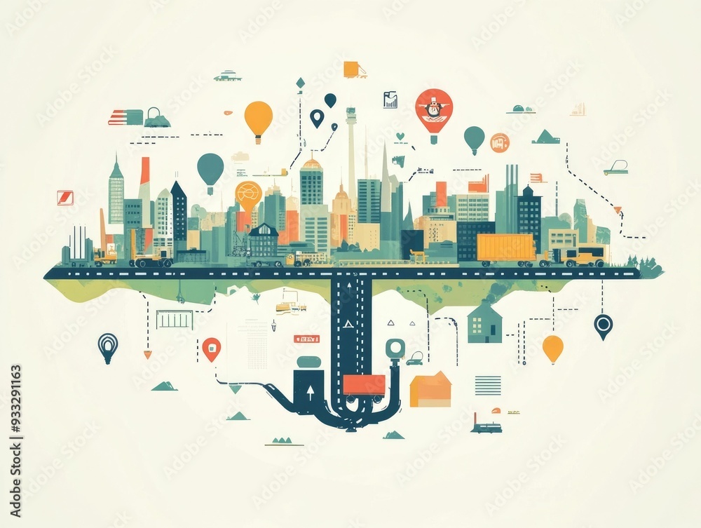 Obraz premium Multimodal Logistics Network Freight Transportation System Connecting Air Sea Rail and Road for Seamless Cargo Delivery