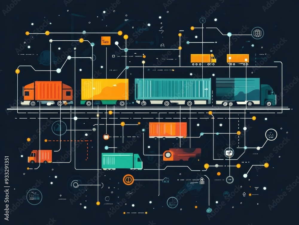 Naklejka premium Interconnected Transportation and Logistics Network with Flat Design Depicting Supply Chain Nodes and Connections for Efficient Cargo Delivery and Distribution