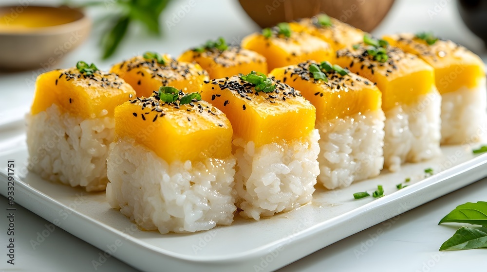 Mouthwatering Mango Sticky Rice Dessert with Coconut Milk Drizzle on Clean White Plate