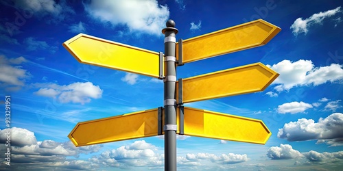 A bright yellow directional signpost stands at a crossroads, featuring four arrows pointing in different directions, symbolizing choices, decisions, and pathways in life. photo