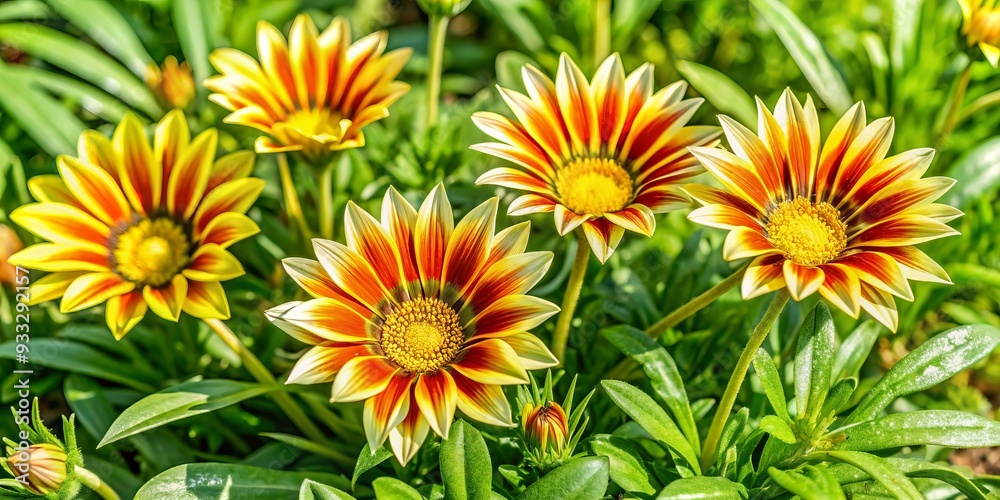 Vibrant orange and yellow gazania blooms explode with delicate petals and intricate centers in a sunny backyard garden surrounded by lush green foliage. Vibrant orange and yellow gazania blooms explode with delicate petals and intricate centers in a sunny backyard garden surrounded by lush green foliage.