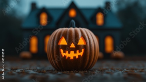 Spooky Cartoon Pumpkin in Front of Haunted Mansion on Halloween Night 3D Rendering with Eerie Atmosphere and Copy Space photo