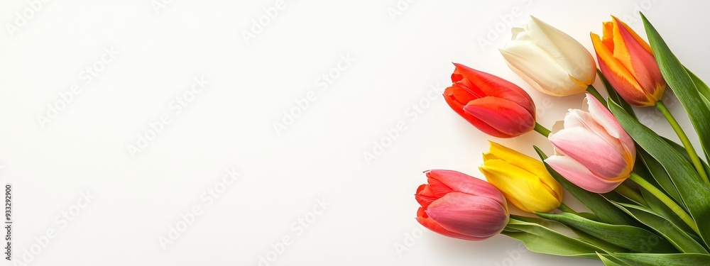 A vibrant arrangement of tulips against a pristine white backdrop Insert text or image here ..Colorful tulips contrasting A vibrant arrangement of tulips against a pristine white backdrop Insert text or image here ..Colorful tulips contrasting