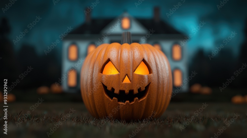 Fototapeta premium Spooky Cartoon Pumpkin at Haunted Mansion on Halloween Night - with Eerie Atmosphere and Copy Space