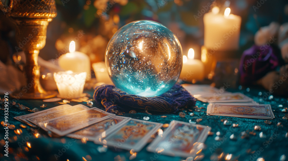 Mystical crystal ball on a fortune teller's table, surrounded by tarot cards, candles, and shimmering fabrics, with a soft glow emanating from within Mystical crystal ball on a fortune teller's table, surrounded by tarot cards, candles, and shimmering fabrics, with a soft glow emanating from within