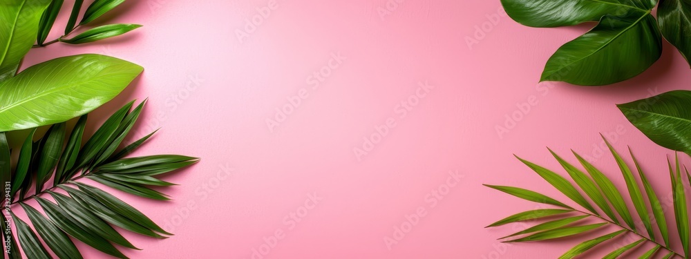Green palm leaves against a pink backdrop, top view with ample space in the middle..Top view of green palm leaves against a pink background, with ample space in Green palm leaves against a pink backdrop, top view with ample space in the middle..Top view of green palm leaves against a pink background, with ample space in