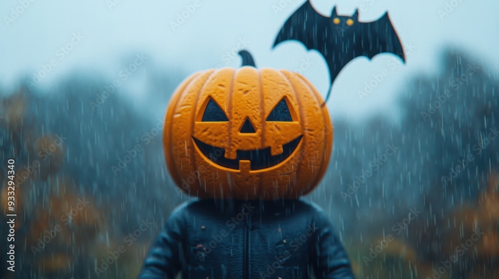 Naklejka premium Whimsical Cartoon Pumpkin Character Flying Bat Kite in Foggy Halloween Field - Fun with Copy Space