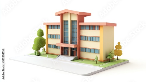 Cartoon style 3D illustration of a school building with trees.