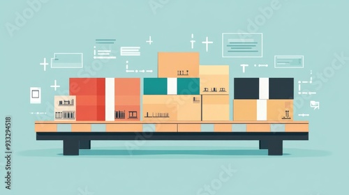Flat design showcasing the concept of inventory optimization and balancing supply and demand in business supply chain management  The image depicts various data visualization elements such as charts