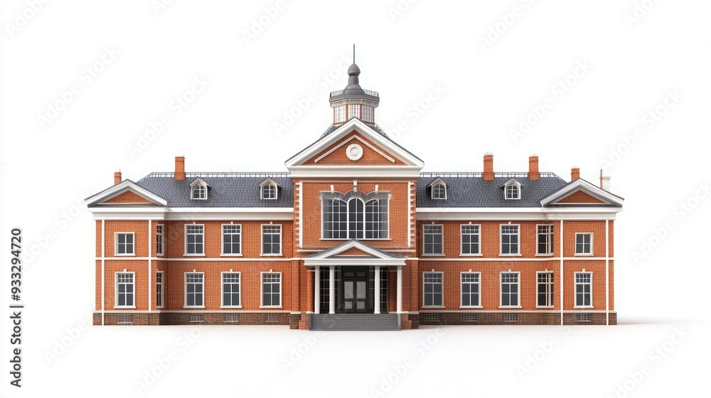 Fototapeta premium Classic brick building with a gray roof, white trim, and numerous windows, isolated on a white background.