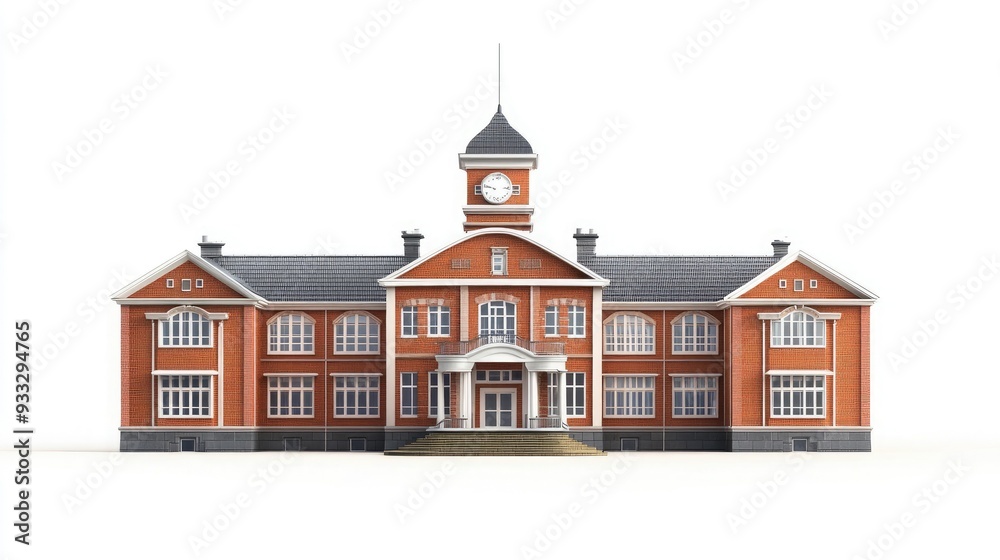 Fototapeta premium Classic red brick building with a clock tower and a set of stairs on a white background.