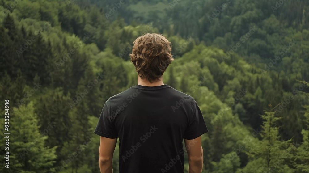 Naklejka premium mock up of a man wearing a plain black t-shirt from behind, with a background of mountain forest with trees during the day...