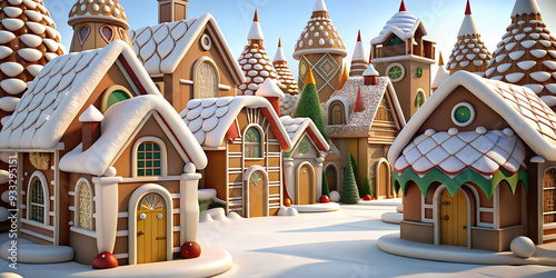 A festive giant gingerbread village adorned with colorful decorations in the winter snow
