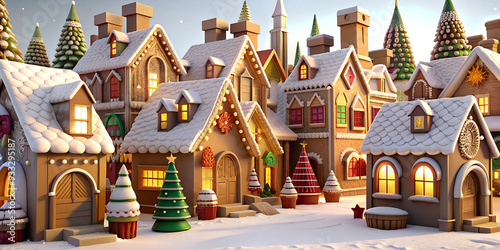 A festive giant gingerbread village adorned with colorful decorations in the winter snow