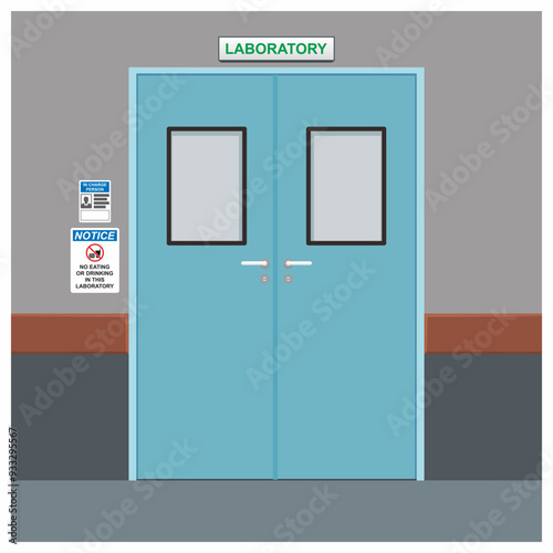 Laboratory room door with room in charge person information and awareness safety sign vector illustration.
