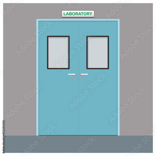 Laboratory room vector illustration. Door with glass, handle, and room name information