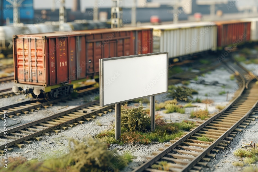 A large billboard is on a train track A large billboard is on a train track