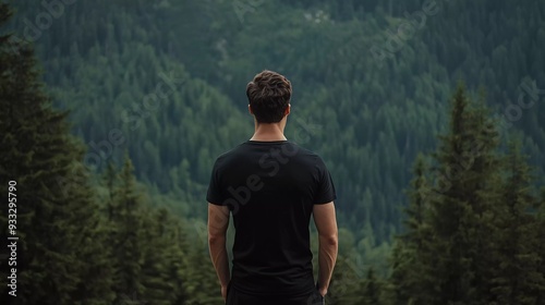 mock up of a man wearing a plain black t-shirt from behind, with a background of mountain forest with trees during the day...