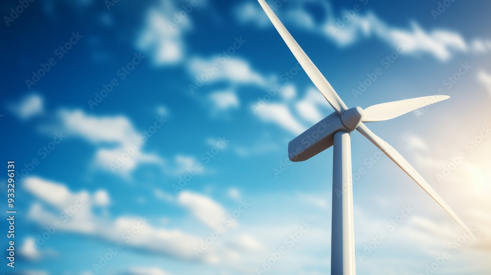 Sunlit wind turbine in close up against a vivid clear blue sky background with shining sun Sunlit wind turbine in close up against a vivid clear blue sky background with shining sun