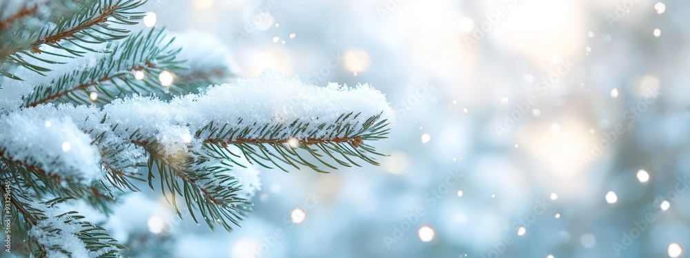 A tight shot of a pine tree, its needles dusted with snow, against a softly blurred backdrop of falling snowflakes A tight shot of a pine tree, its needles dusted with snow, against a softly blurred backdrop of falling snowflakes