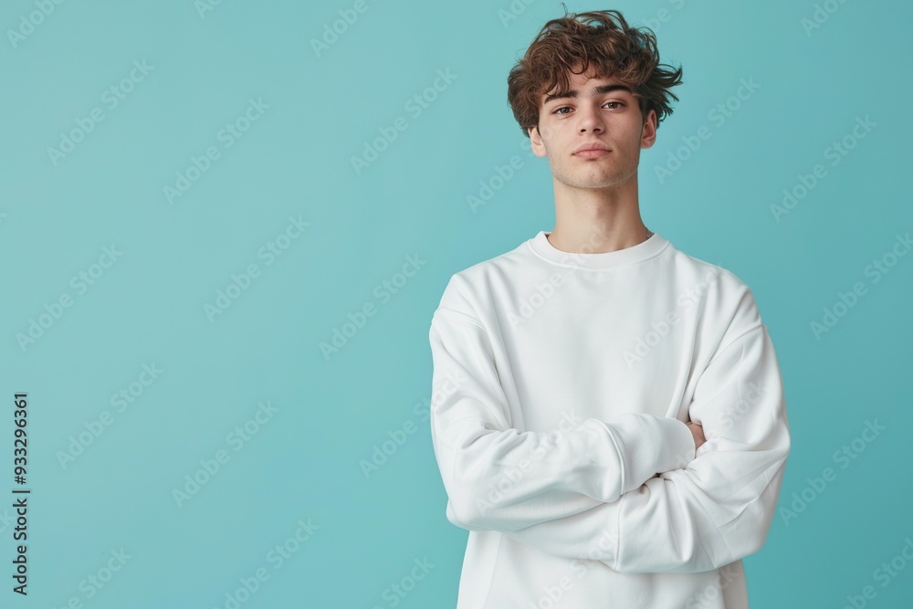 Young attractive man in sweatshirt on blue background Young attractive man in sweatshirt on blue background