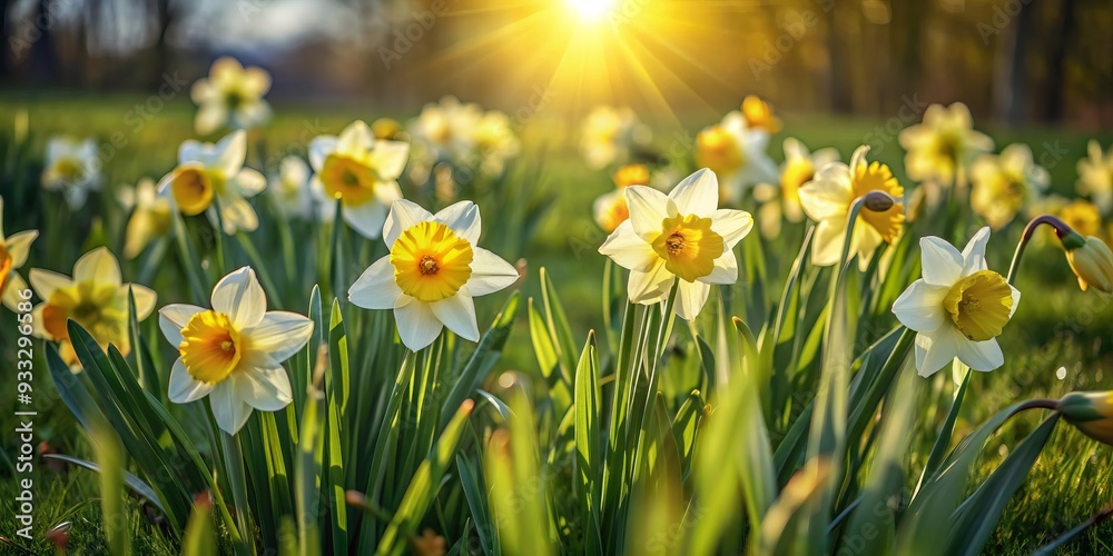 Obraz premium Vibrant yellow and white daffodils bloom in a lush green spring meadow, basking in warm sunlight, capturing the essence of hope and renewal in nature's beauty.