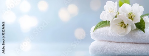  A single white towel with a flower atop it rests on the higher stack of white towels